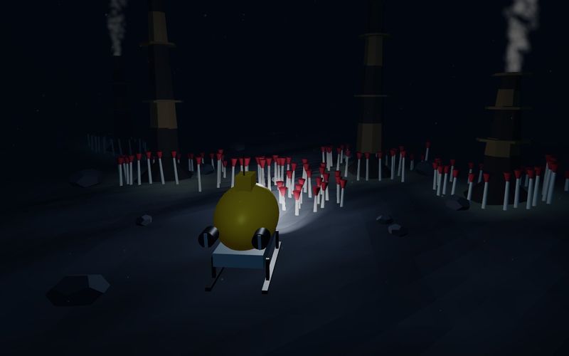A yellow submersible lighting up red-plumed tube worms beside smoking vent chimneys on the deep sea floor