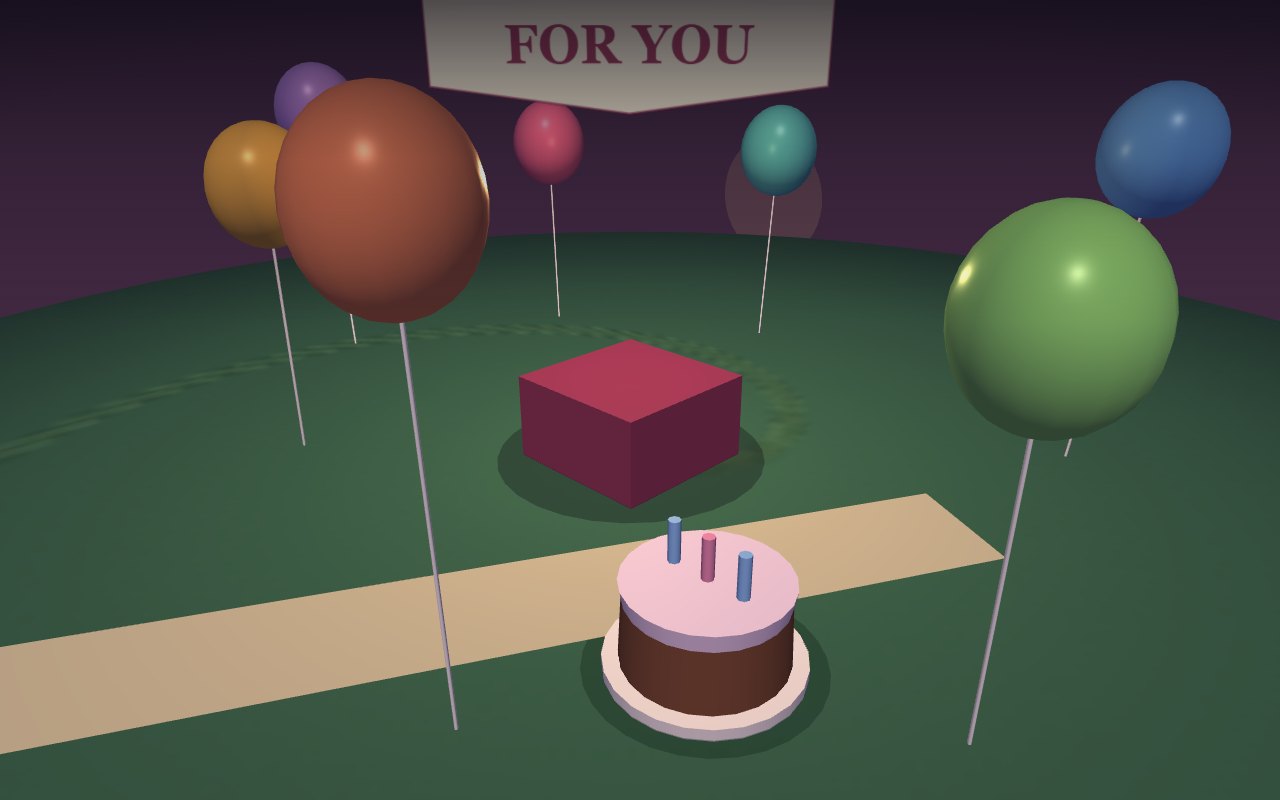 A wrapped gift opening into a little world with balloons and a cake