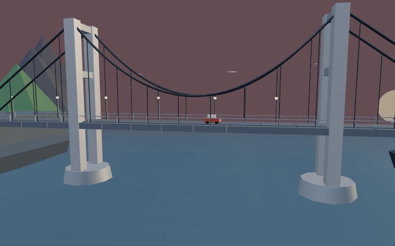 Suspension bridge over a fjord at sunrise
