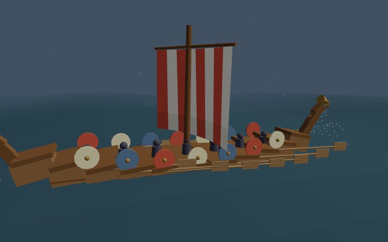 Longship with a striped square sail in a storm